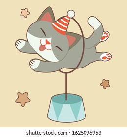 The character of cute cat jumping hoops in flat vector style. Illustration about circus.