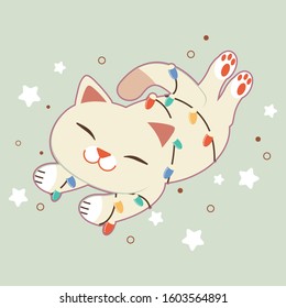 The character of cute cat with light bulb sleepping star in flat vector style.