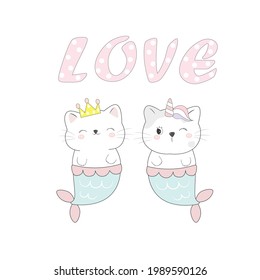 The character of cute cat mermaid play with word LOVE in flat vector style.