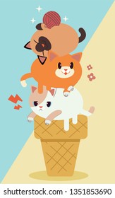 The character of cute cat on the cone in flat vector style. Illustration about cat and ice cream for background, graphic,content , banner, sticker label and greeting card.