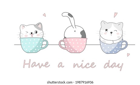 The character of cute cat play with a coffee cup in flat vector style.
