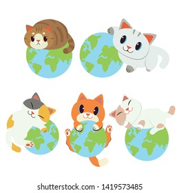 The character cute cat play with the earth ball in flat vector style. save the world form cats.Graphic resource about cat and wolrd for graphic,content , banner, sticker label and greeting card.