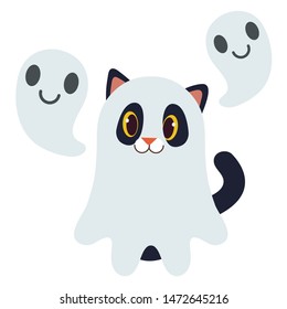 The character of cute cat play as ghost by blanke in flat vector style. 