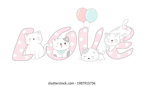 The character of cute cat play with word LOVE in flat vector style.