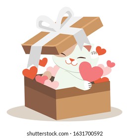 The character of cute cat playing a heart in the big paper box in flat vector style. Illustration for banner, sticker label and greeting card.