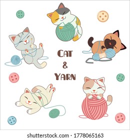 The character of cute cat playing a yarn with botton in flat vector style. Graphic resource about cat and yarn
for graphic,content , banner and greeting card.