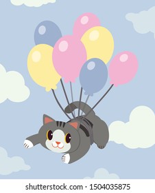 The character of cute cat with a rainbow balloon on the sky with a cloud in flat vector style.