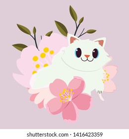 The character of cute cat relaxing above cherry blossom flower in flat vector 