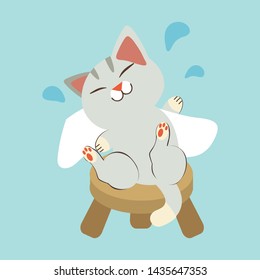 The character of cute cat Rub the body dry with white towel on the short chai in flat vector.