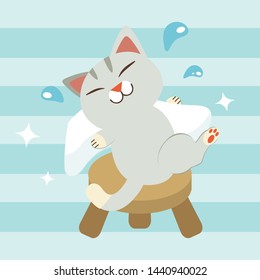 The character of cute cat Rub the body dry with white towe in flat vector.