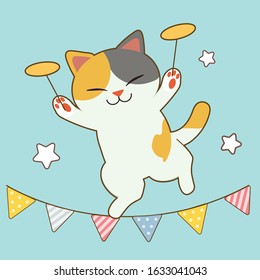 The character of cute cat show playing the plate and standing on the 
line of flag in flat vector style. Illustration about circus for content , banner, sticker label and greeting card.