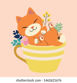 El personaje de un lindo gato sentado en una taza grande. La copa en la flor. El gato sonríe relajándose en la gran taza. El chatacter de un lindo gato en estilo vectorial plano.