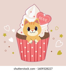 The character of cute cat sitting in the cupcake in flat vector style.
