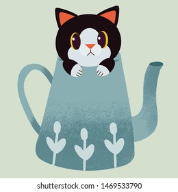 The character of cute cat sitting in the green tea pot for waiting the teatime in flat vector style. Illustration about teatime for graphic,content , banner, sticker label and greeting card.