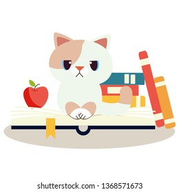 The character of cute cat sitting on the book with apple in flat vector style. Illustration about education
for background, graphic,content , banner and greeting card.