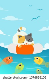 The character of cute cat sitting on rubber ring in the sea with fish in flat vector style. Illustration about summer for background, graphic,content , banner and greeting card.