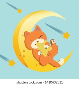 The character of cute cat sitting on the Crescent and hugging the yellow star in flat vector style