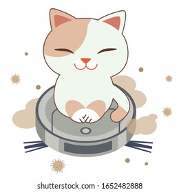 The character of cute cat sitting on the robot vacuum the dust in flat vector style. illustation about pet and technology for content, banner, sticker and label.