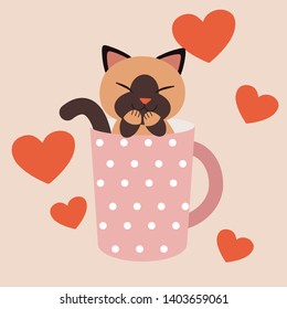 a character of cute cat sitting in the pink polka dot cup in flat vector style