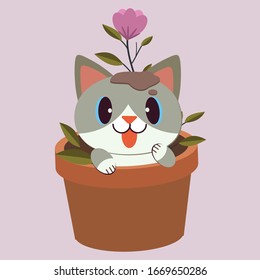 The character of cute cat sitting in the plantpot with flower in flat vector style. illustation about naughty cat.