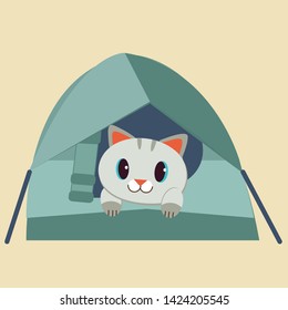 The character of cute cat sitting in the tent for the forest camping trip in flat vector style.