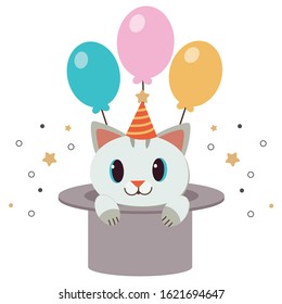 The character of cute cat sitting in the top hat with balloon and star in flat vector style. 