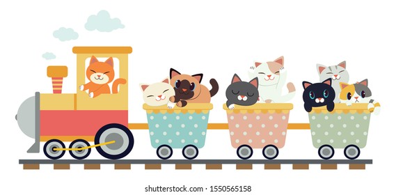 The character of cute cat sitting in the train in flat vector style. Illustration about cat and train theme.