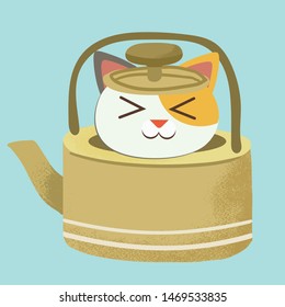 The character of cute cat sitting in the yellow tea pot for waiting the teatime in flat vector style. Illustration about teatime for graphic,content , banner, sticker and greeting card.
