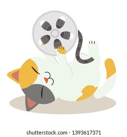 a character of cute cat sleeping on the ground. and play with movie flim tape in flat vector style