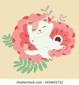 The character of cute cat sleeping on the big red flower in flat vector style