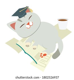 The character of cute cat sleeping on
a pile of book and paper. illustation about back to school or love reading for content, grahic , greeting card.