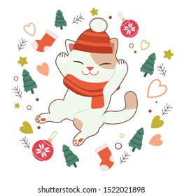 The character of cute cat sleepping on the white background with a elemant christmas in flat vector style. 