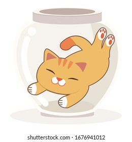 El personaje del gato lindo en el tazón de transparencia o en el tarro en el fondo blanco. El personaje de un lindo gato durmiendo en el frasco de transparencia. El carácter de un gato lindo al estilo vectorial plano.

