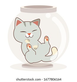The character of cute cat in the transparency bowl or jar in flat vector style. illustation of cat for content, banner, graphic,greeting card,etc.