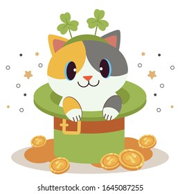 The character of cute cat wear a clover leaf hair band sitting in the top hat with money fot st. patrick'sday theme in flat vector style. illustation for banner, sticker label and greeting card.