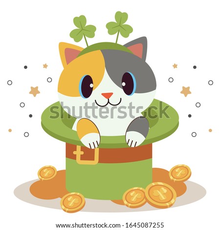 The character of cute cat wear a clover leaf hair band sitting in the top hat with money fot st. patrick'sday theme in flat vector style. illustation for banner, sticker label and greeting card. Stock fotó © 