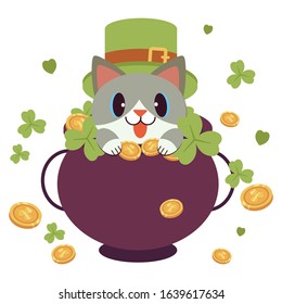 The character of cute cat wear a green top hat and clover leaves ribbon for st patrick s day theme with a lot of money coin in flat vector style.