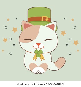 The character of cute cat wear a green top hat and clover leaves ribbon for st patrick s day theme in flat vector style. 