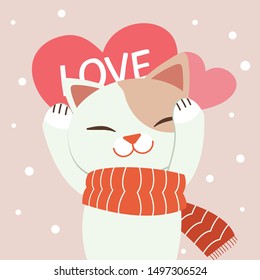 The character of cute cat wear a red scarf holiding a big pink heart in flat vector style. Illustration for 
 graphic,content , banner and greeting card.