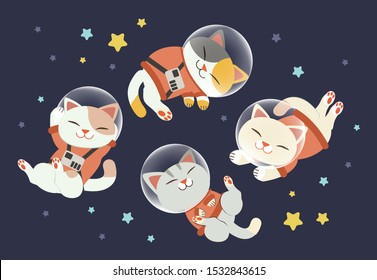 The character of cute cat wear a space suit with friends on the space with stars in flat vector style. illustation about space for background, graphic,content , banner, and greeting card.