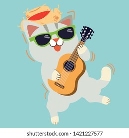 El lindo personaje del gato tocando una guitarra. un gato usa un sombrero de paja y gafas de sol jugando con una guitarra y parece feliz y divertido. hora de fiesta de verano. un lindo gato al estilo vectorial plano.