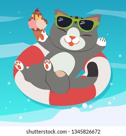The character of cute cat wear sun glasses and holding an ice cream sitting on the rubber ring on the sea. Illustration about summer
for background, graphic,content , banner and greeting card.