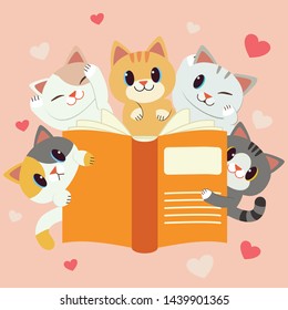 The character of cute cats with a big book in flat vector style. we  love reading. back too school. Illustration about education for graphic,content , banner, sticker label and greeting card.
