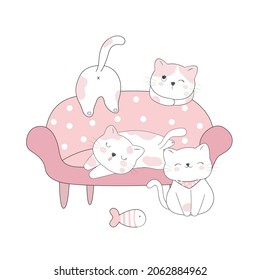 The character of cute cats playing on sofa vector style. : Pastel color kid food dessert bakery product fabulous fashion child decoration cafe shop, Invitation post, t-shirt