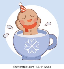The character of cute cookie man relaxing in the milk cup in flat vector style. Illustration about winter and christmas theme.
