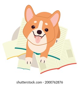 The character of cute corgi dog with pile of book in flat vector style. illustation about edsucation and back to school 