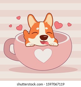The character of cute corgi dog sitting in the big cup in flat vector style. Illustration about love and valentin's day.