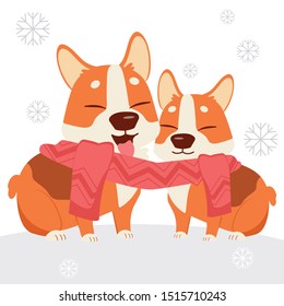 The character of cute corgi dog wear a scarf with friend in flat vector style. Illustration about dog and winter
for graphic,content , banner and greeting card.