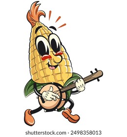 character of a cute corn cartoon vector isolated clip art mascot illustration playing the banjo musical instrument, work of hand drawn