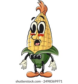 character of a cute corn cartoon vector isolated clip art mascot illustration in a bow tie and feeling cool with a surprised face, work of hand drawn